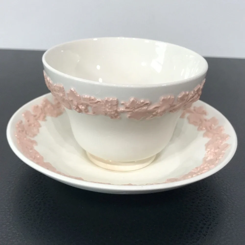 Wedgwood Etruria Embossed Queens Ware Pink on White Tea Cup Saucer Set England - Picture 7 of 16